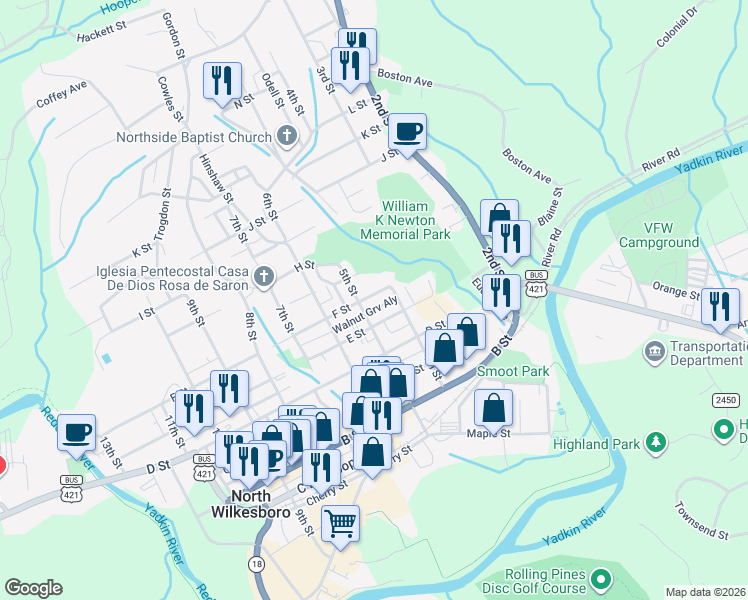 map of restaurants, bars, coffee shops, grocery stores, and more near 407 F Street in North Wilkesboro