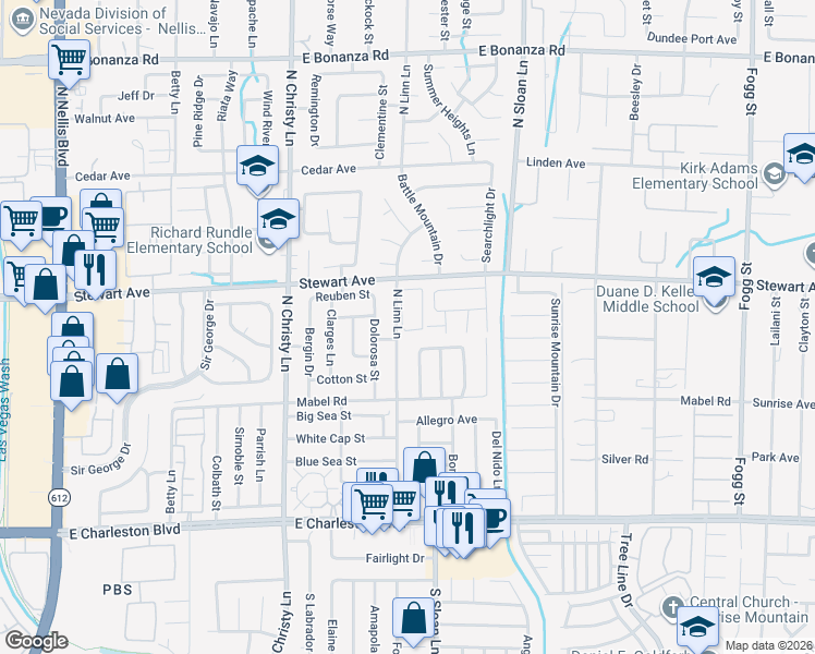 map of restaurants, bars, coffee shops, grocery stores, and more near 326 North Linn Lane in Las Vegas