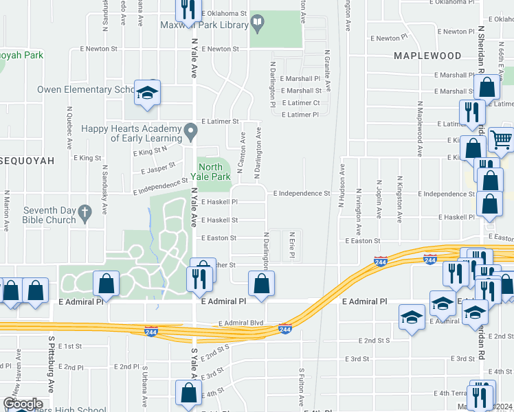 map of restaurants, bars, coffee shops, grocery stores, and more near 5138 East Haskell Place in Tulsa