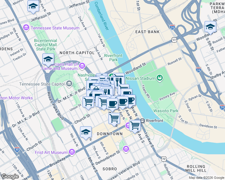 map of restaurants, bars, coffee shops, grocery stores, and more near 211 Union Street in Nashville