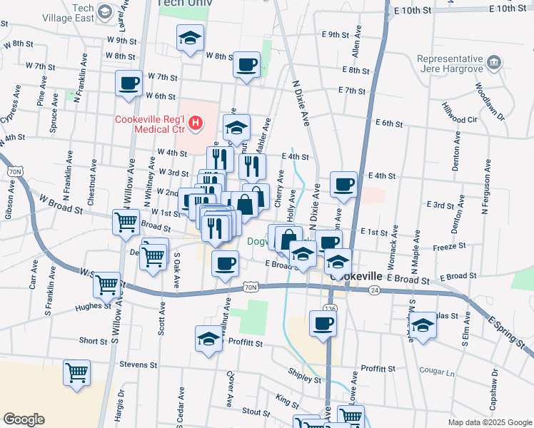 map of restaurants, bars, coffee shops, grocery stores, and more near 39 East 1st Street in Cookeville