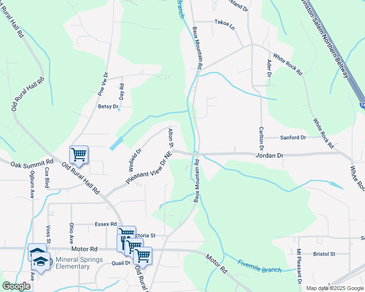 map of restaurants, bars, coffee shops, grocery stores, and more near 1407 Pleasant View Drive Northeast in Winston-Salem