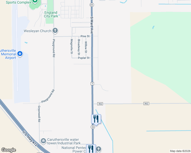 map of restaurants, bars, coffee shops, grocery stores, and more near 2-64 Cosmo Drive in Caruthersville