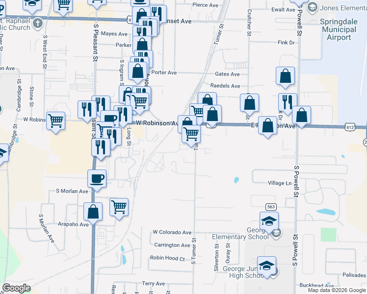 map of restaurants, bars, coffee shops, grocery stores, and more near 2025 South Arkola Drive in Springdale