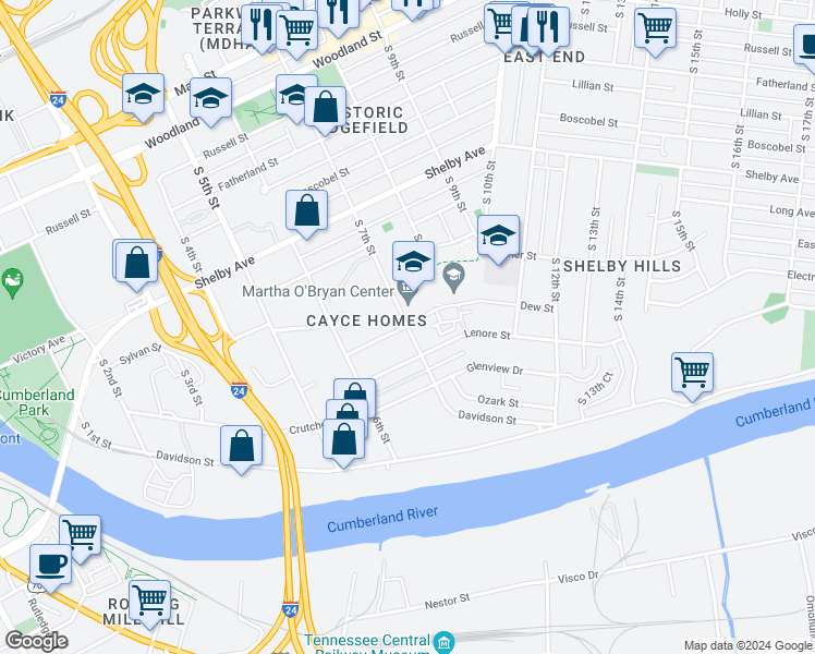 map of restaurants, bars, coffee shops, grocery stores, and more near 804 Dew Street in Nashville