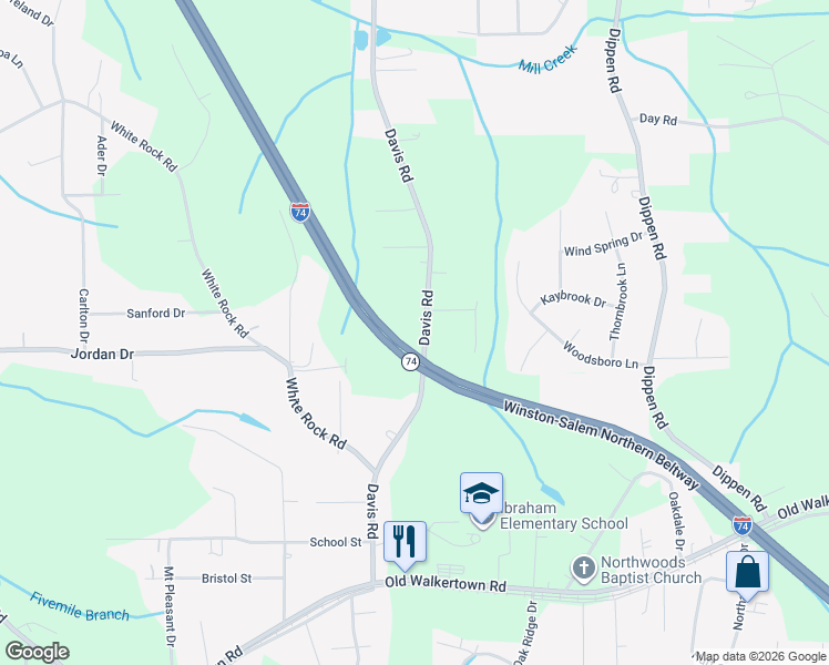 map of restaurants, bars, coffee shops, grocery stores, and more near 4970 Davis Road in Winston-Salem