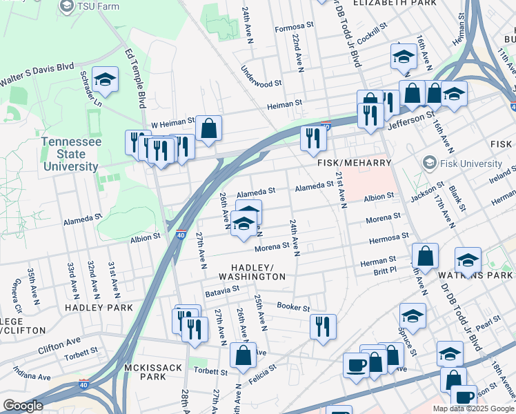 map of restaurants, bars, coffee shops, grocery stores, and more near 2421 Albion Street in Nashville