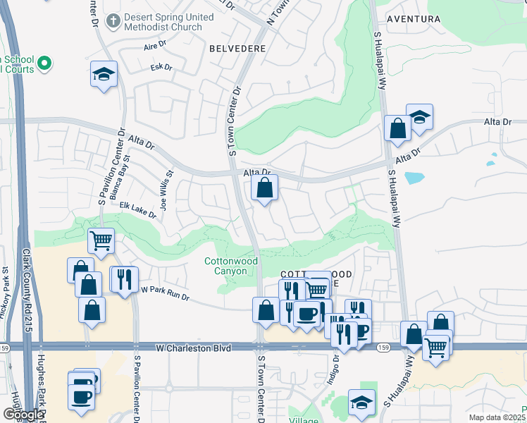 map of restaurants, bars, coffee shops, grocery stores, and more near 650 South Town Center Drive in Las Vegas