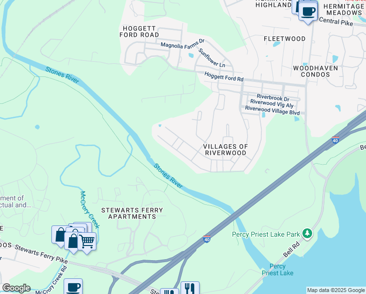 map of restaurants, bars, coffee shops, grocery stores, and more near 1829 Stonewater Drive in Nashville