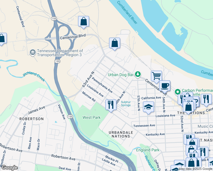 map of restaurants, bars, coffee shops, grocery stores, and more near 6107 Pennsylvania Avenue in Nashville