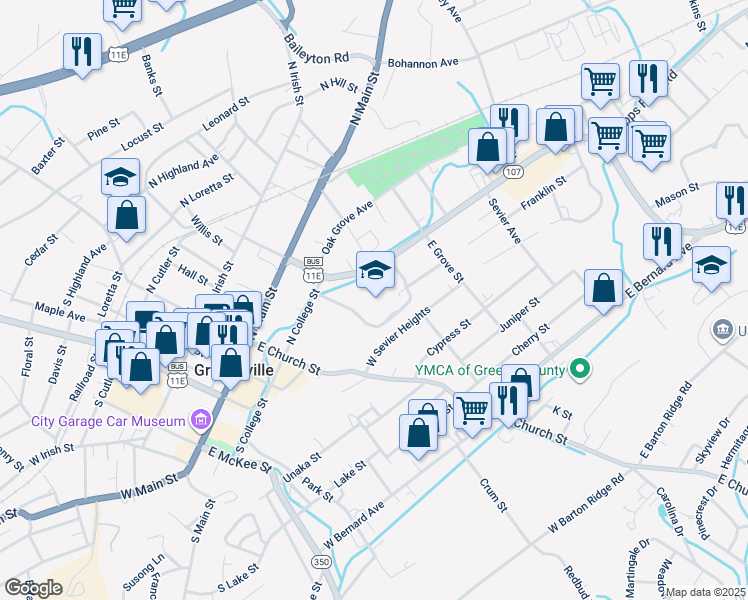 map of restaurants, bars, coffee shops, grocery stores, and more near 210 Tusculum Boulevard in Greeneville