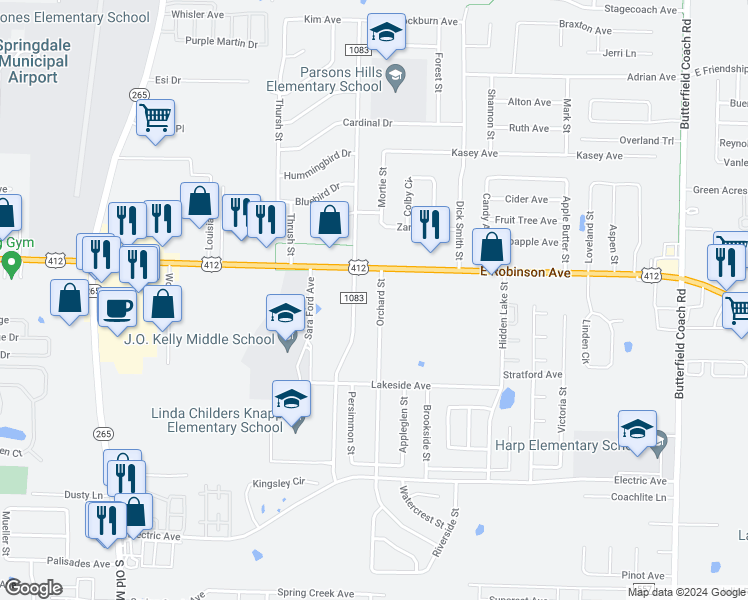 map of restaurants, bars, coffee shops, grocery stores, and more near 2126 Orchard Street in Springdale