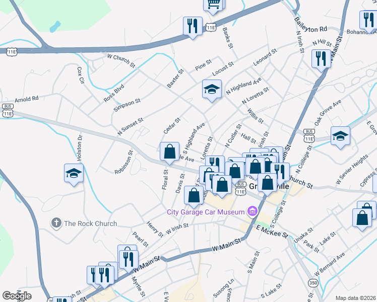 map of restaurants, bars, coffee shops, grocery stores, and more near 405 Maple Avenue in Greeneville