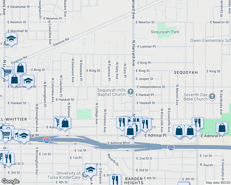 map of restaurants, bars, coffee shops, grocery stores, and more near 717 North Florence Place in Tulsa