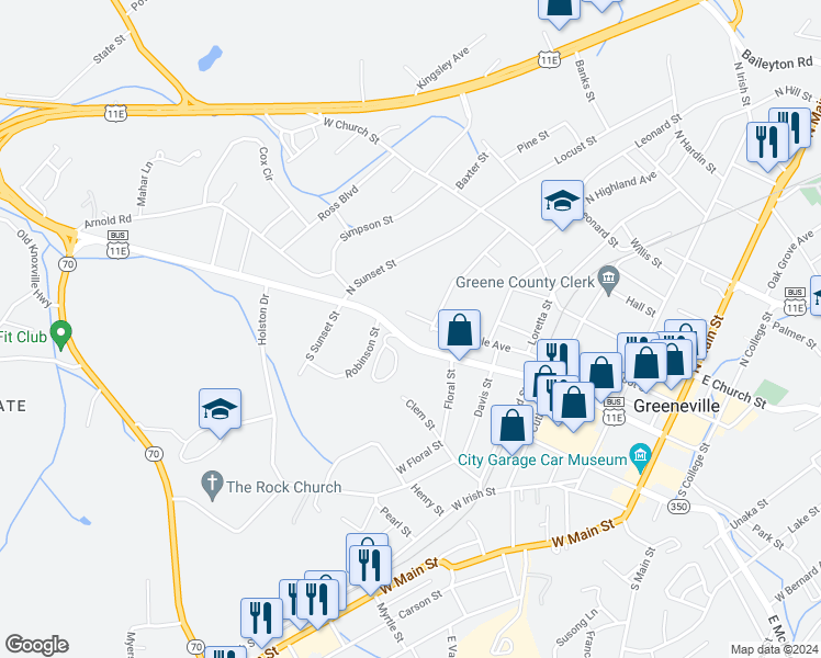 map of restaurants, bars, coffee shops, grocery stores, and more near 702 West Summer Street in Greeneville