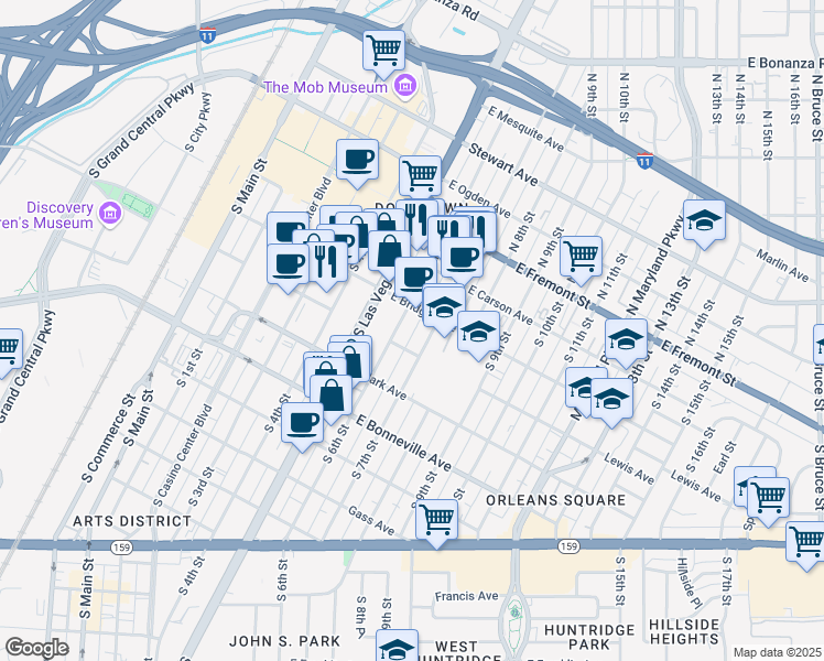 map of restaurants, bars, coffee shops, grocery stores, and more near 401 South 6th Street in Las Vegas