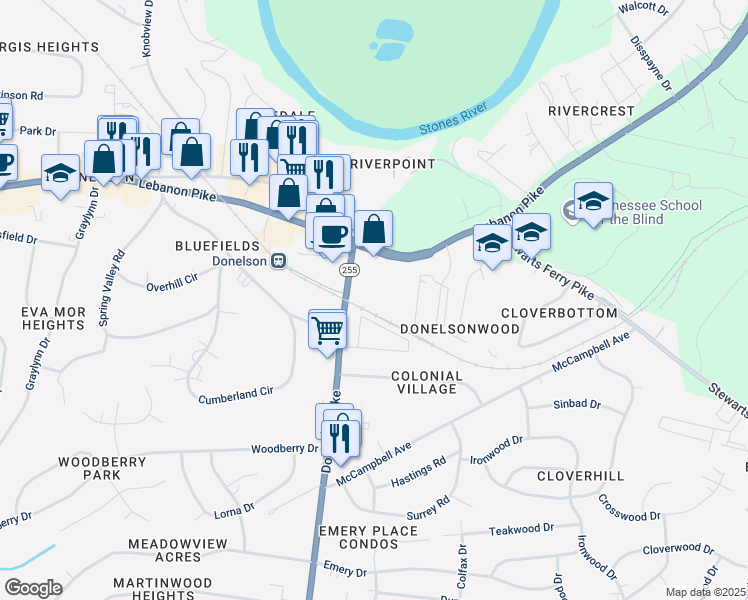 map of restaurants, bars, coffee shops, grocery stores, and more near 117 Donelson Pike in Nashville
