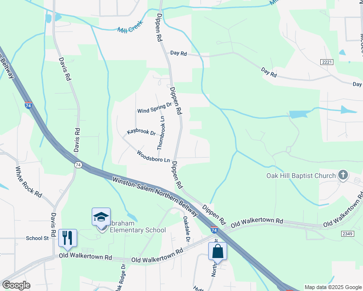 map of restaurants, bars, coffee shops, grocery stores, and more near 4847 Dippen Road in Winston-Salem