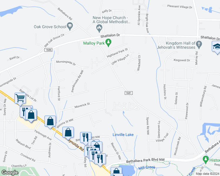 map of restaurants, bars, coffee shops, grocery stores, and more near 2575 Bluebird Lane in Winston-Salem