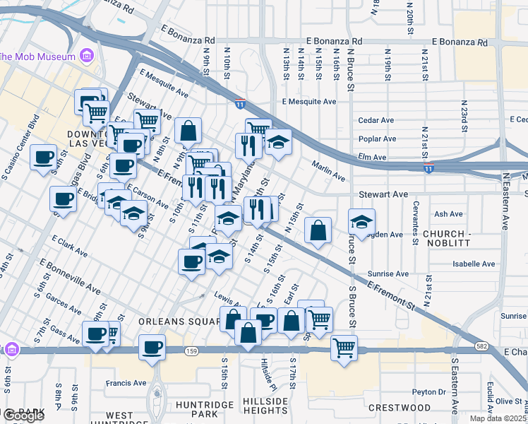 map of restaurants, bars, coffee shops, grocery stores, and more near 117 North 14th Street in Las Vegas
