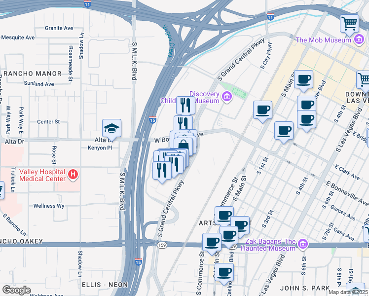 map of restaurants, bars, coffee shops, grocery stores, and more near 555 South Grand Central Parkway in Las Vegas
