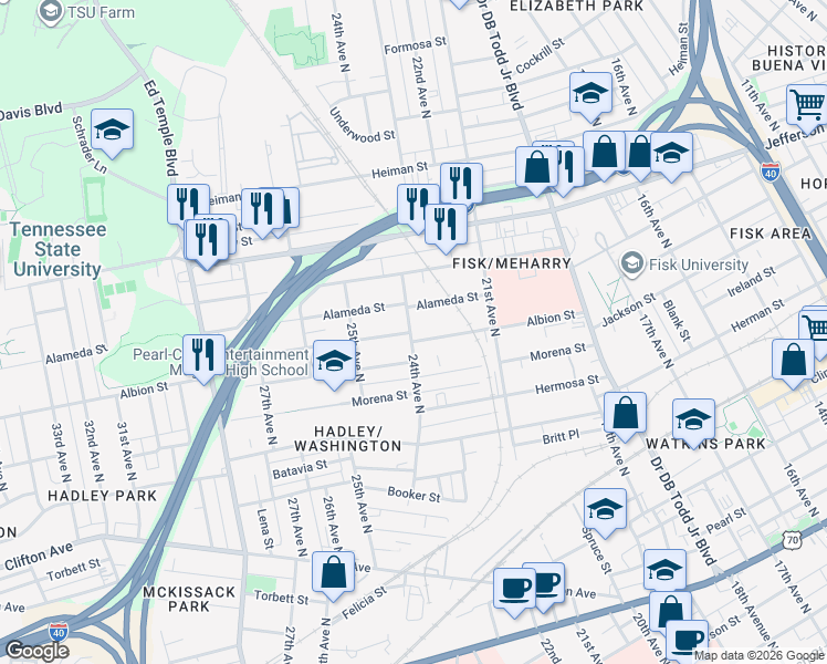 map of restaurants, bars, coffee shops, grocery stores, and more near 2402 Eden Street in Nashville