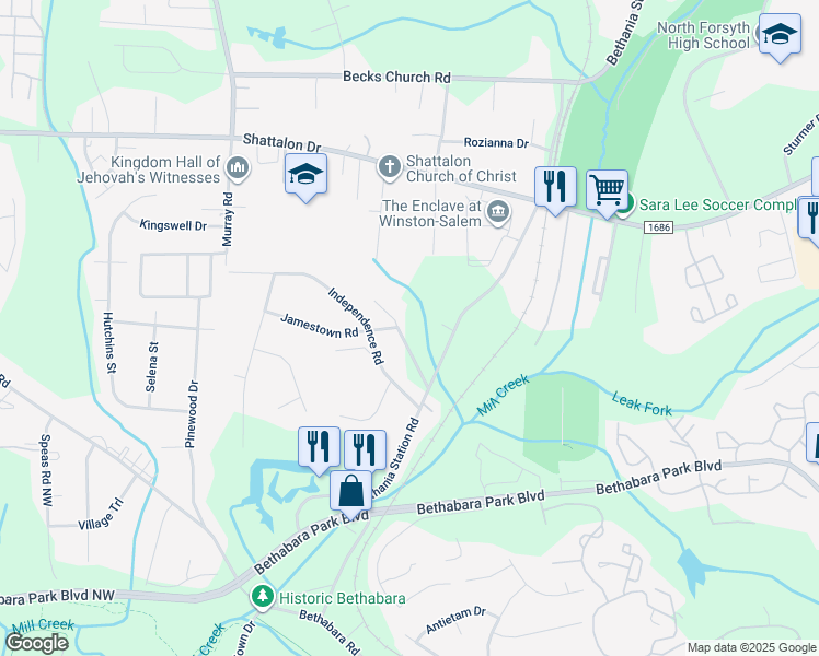 map of restaurants, bars, coffee shops, grocery stores, and more near 2101 Brookhurst Drive in Winston-Salem