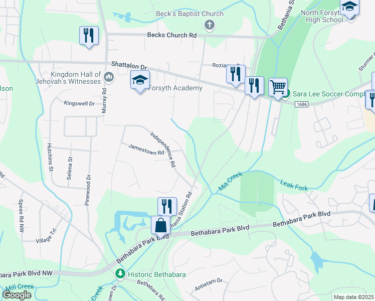 map of restaurants, bars, coffee shops, grocery stores, and more near 2101 Brookhurst Drive in Winston-Salem