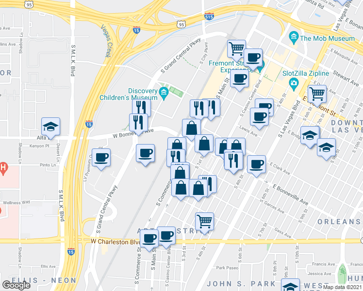 map of restaurants, bars, coffee shops, grocery stores, and more near 5 West Bonneville Avenue in Las Vegas