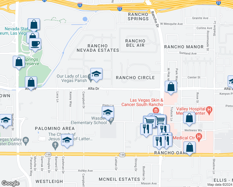 map of restaurants, bars, coffee shops, grocery stores, and more near 2727 Alta Drive in Las Vegas