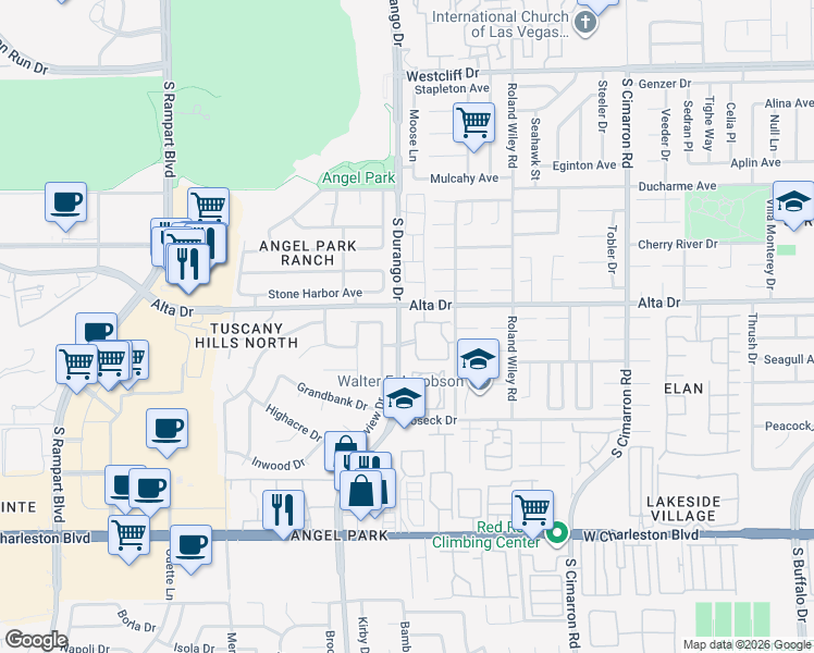 map of restaurants, bars, coffee shops, grocery stores, and more near 500 South Durango Drive in Las Vegas