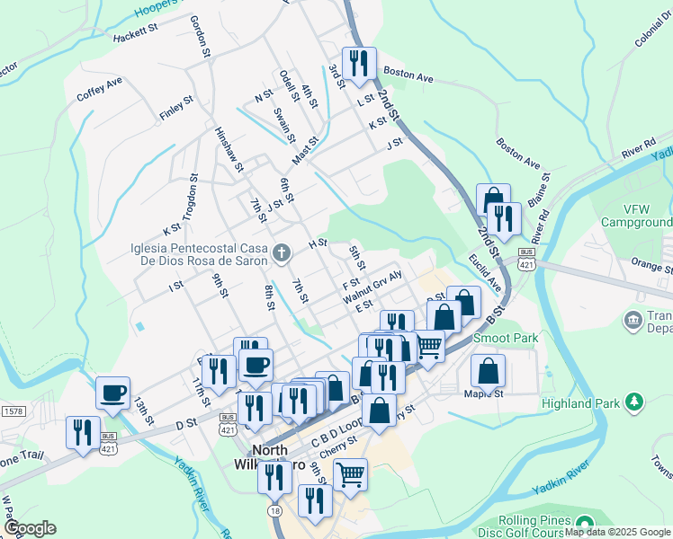 map of restaurants, bars, coffee shops, grocery stores, and more near 512 6th Street in North Wilkesboro
