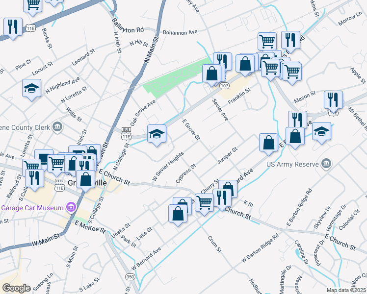map of restaurants, bars, coffee shops, grocery stores, and more near 300 West Sevier Heights in Greeneville