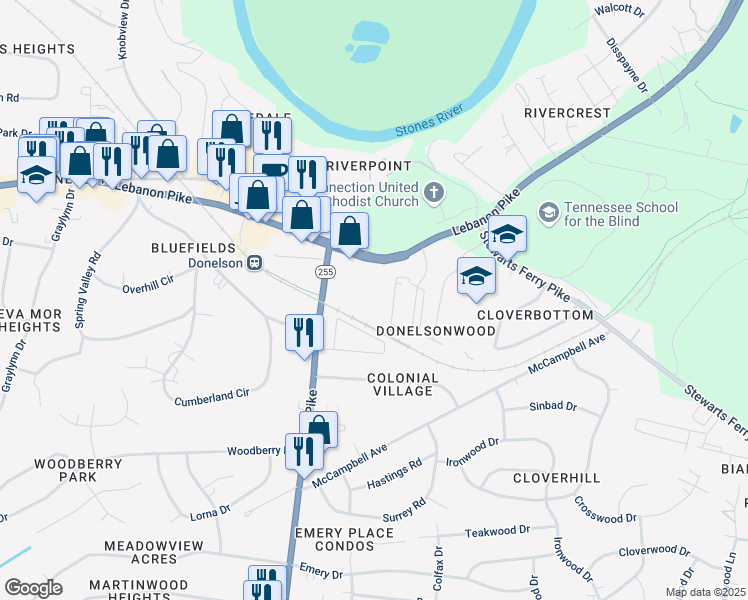 map of restaurants, bars, coffee shops, grocery stores, and more near 119 Donelson Pike in Nashville