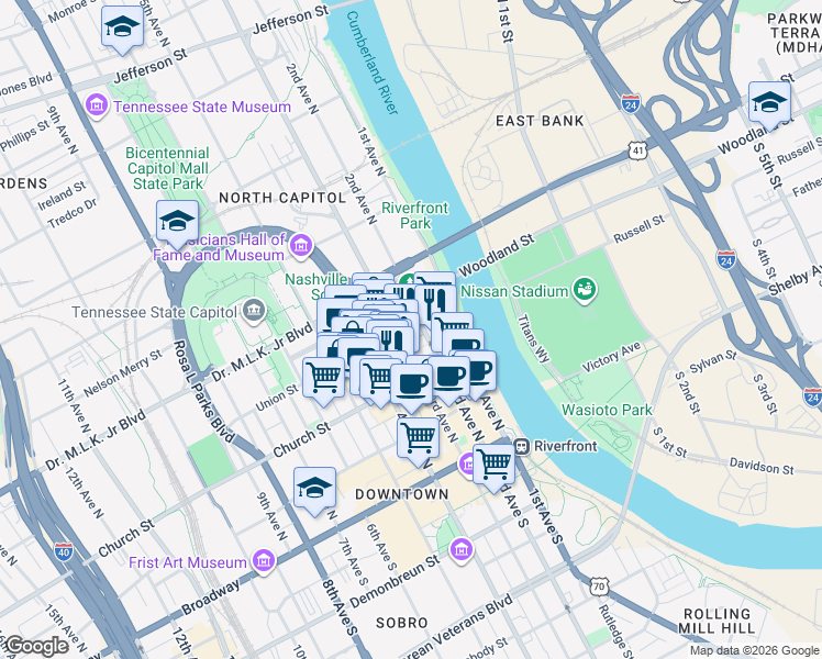 map of restaurants, bars, coffee shops, grocery stores, and more near in Nashville