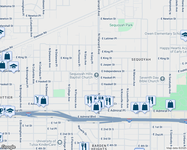 map of restaurants, bars, coffee shops, grocery stores, and more near 719 North Gary Place in Tulsa