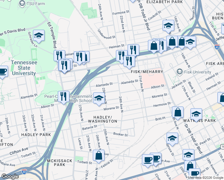 map of restaurants, bars, coffee shops, grocery stores, and more near 2402 Eden Street in Nashville