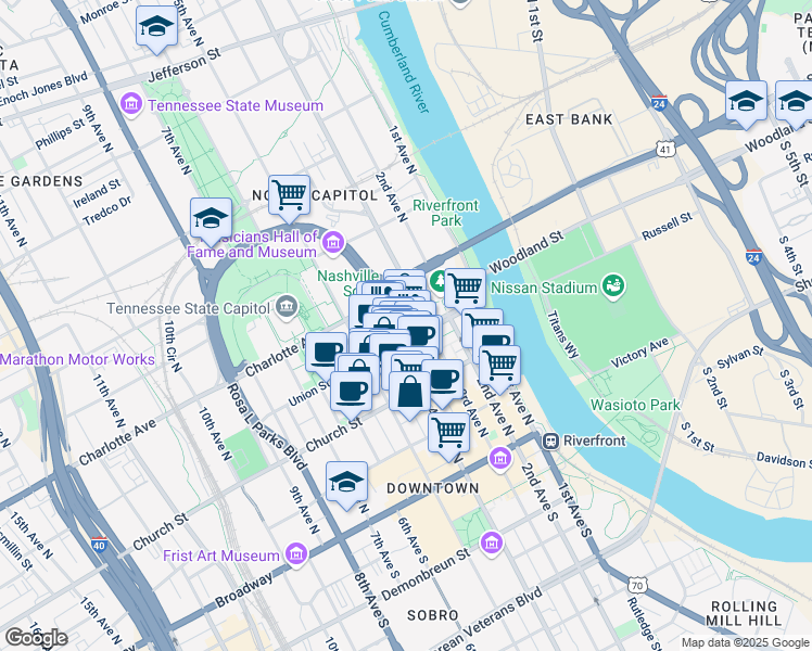 map of restaurants, bars, coffee shops, grocery stores, and more near 315 Deaderick Street in Nashville