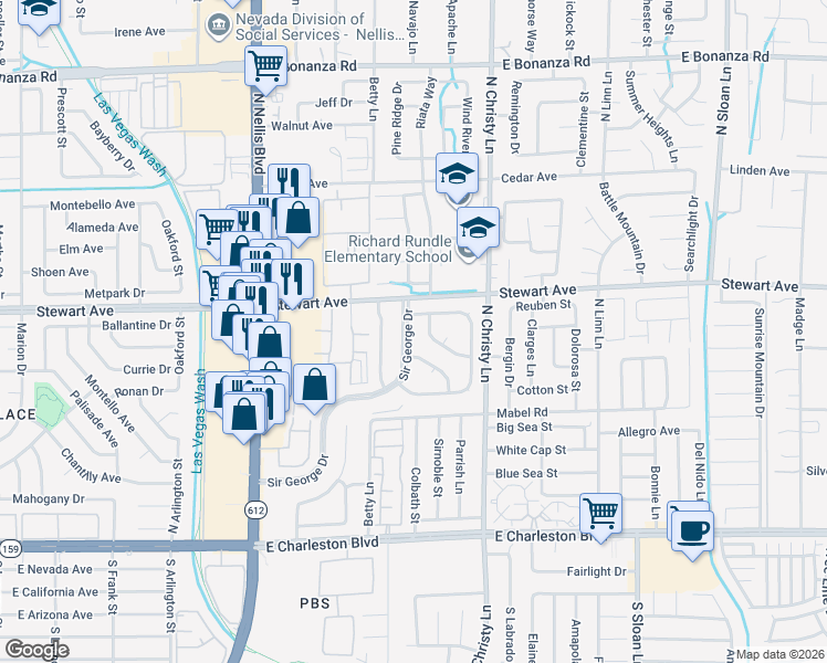 map of restaurants, bars, coffee shops, grocery stores, and more near 320 Sir Phillip Street in Las Vegas
