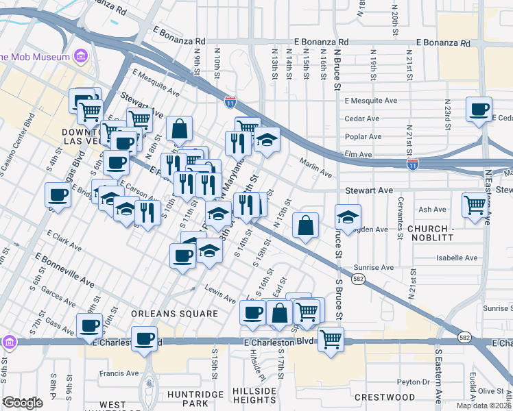 map of restaurants, bars, coffee shops, grocery stores, and more near 1411 East Fremont Street in Las Vegas