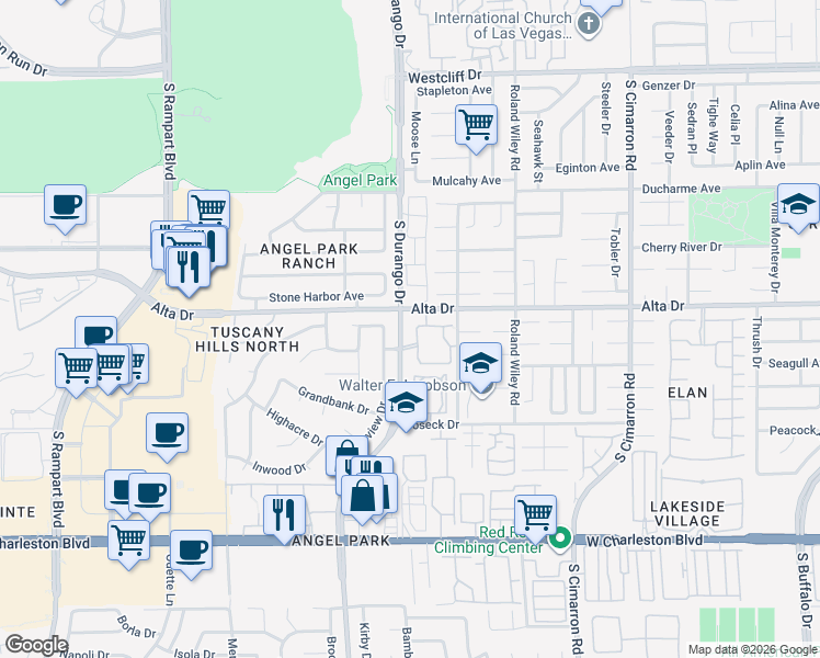 map of restaurants, bars, coffee shops, grocery stores, and more near 500 South Durango Drive in Las Vegas