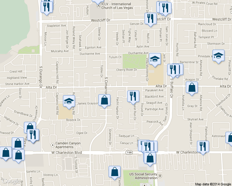 map of restaurants, bars, coffee shops, grocery stores, and more near 557 Yacht Harbor Drive in Las Vegas