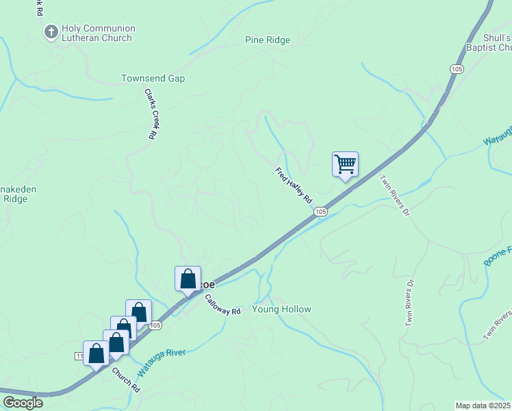 map of restaurants, bars, coffee shops, grocery stores, and more near 325 Peaceful Haven Drive in Boone