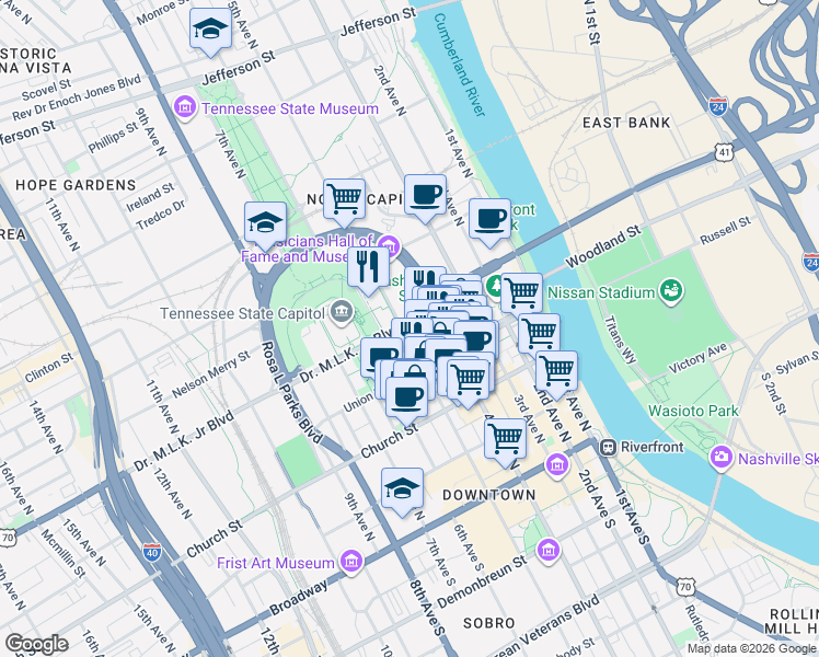 map of restaurants, bars, coffee shops, grocery stores, and more near 330 5th Avenue North in Nashville