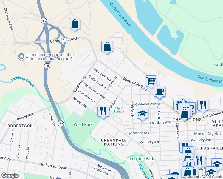 map of restaurants, bars, coffee shops, grocery stores, and more near 6105C New York Avenue in Nashville