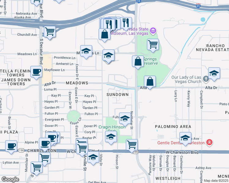 map of restaurants, bars, coffee shops, grocery stores, and more near 4036 Nightingale Court in Las Vegas