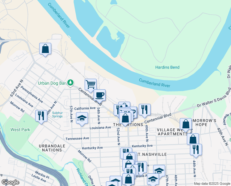 map of restaurants, bars, coffee shops, grocery stores, and more near 1441 51st Avenue North in Nashville