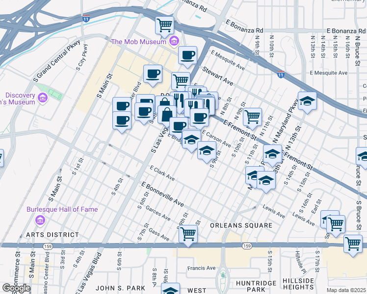 map of restaurants, bars, coffee shops, grocery stores, and more near 224 South 7th Street in Las Vegas