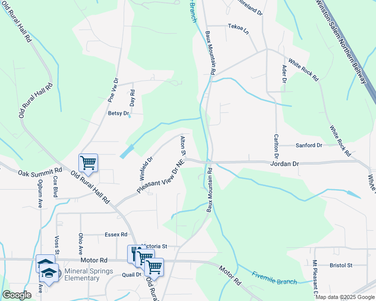 map of restaurants, bars, coffee shops, grocery stores, and more near 5105 Alton Street in Winston-Salem