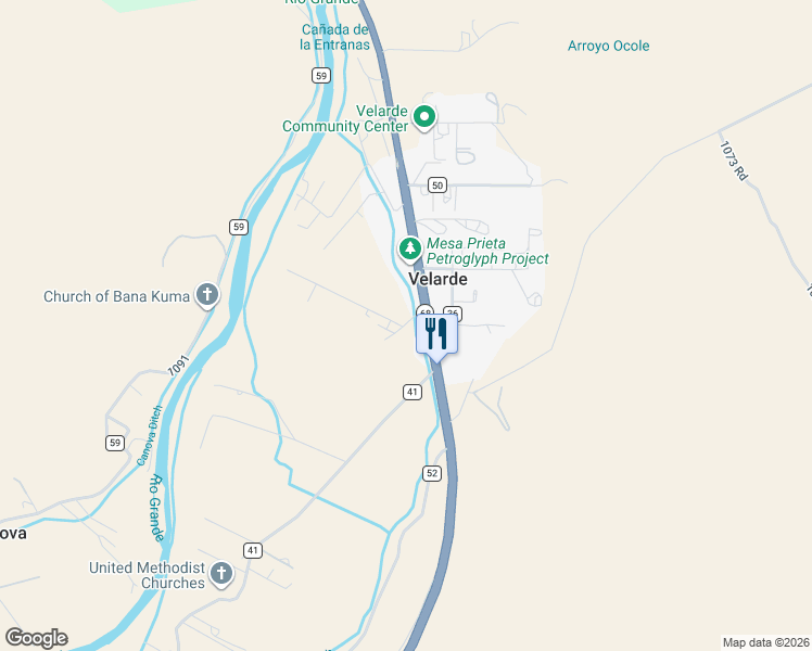 map of restaurants, bars, coffee shops, grocery stores, and more near 1299 Road 1421 in Velarde